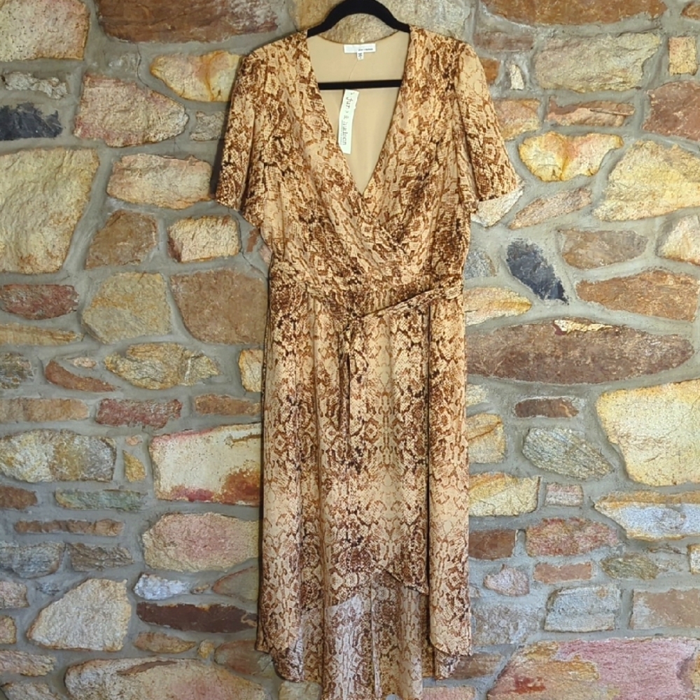 June & Hudson Brown Snake Print Wrap Dress